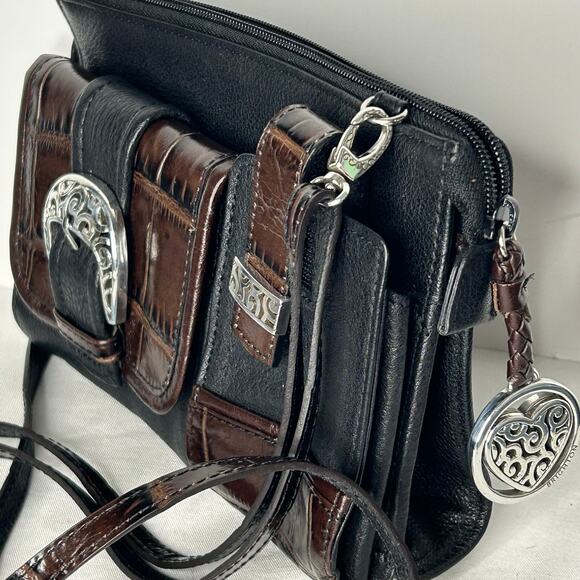 Brighton Handbags - Brighton Black Brown Leather Crossbody Organizer Wallet Purse Croc Embossed